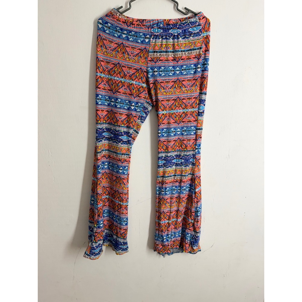 Hot Kiss Geometric Tribal Print Flare Pants Blue Orange Boho Bell Bottoms Med